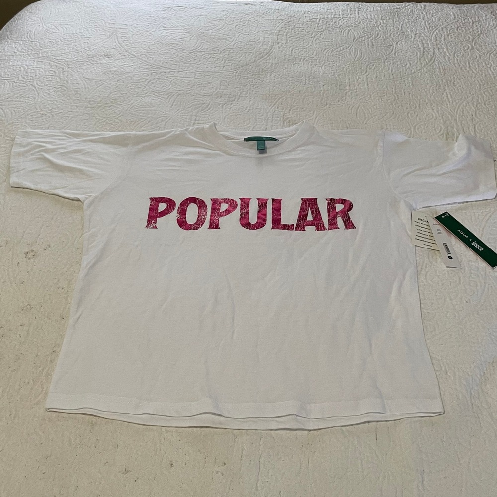 AQUA x Wicked POPULAR Graphic T Shirt White Pink Distressed Size M